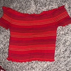 Red colorful striped off the shoulder top